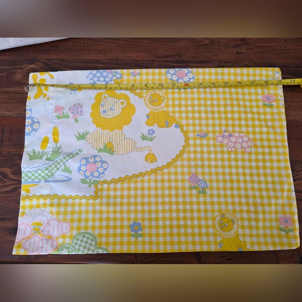 Vintage Wamsutta Baby Yellow Gingham Lion Print Fabric Pillowcase Lion